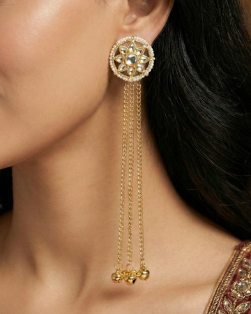 Aarushi Golden Kundan Pearl Long Kashmiri Jhumka