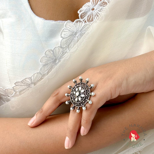 Oxidised Ring with Pearls and Kundan Stones: Eternal Traditional Ring
