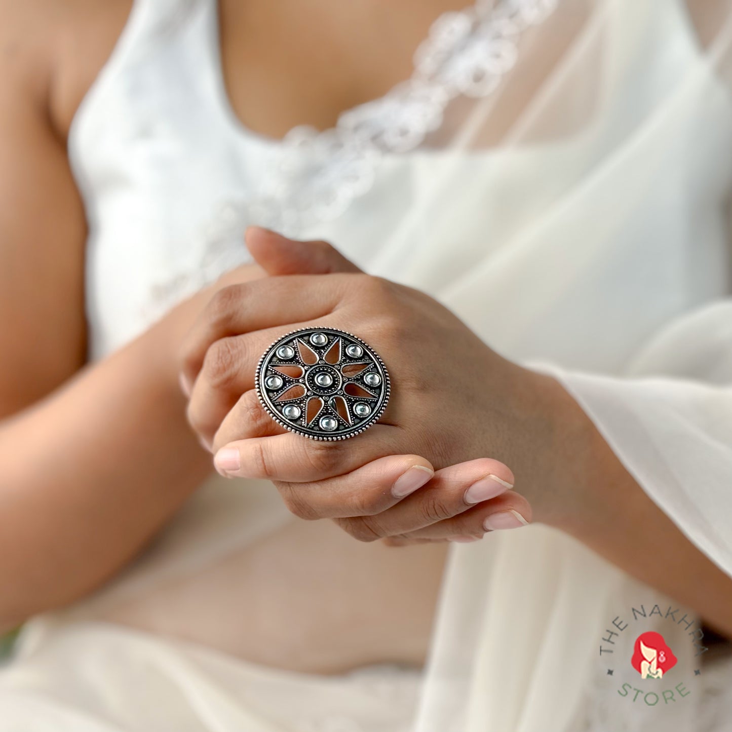 Oxidised Ring with White Kundan Stones: Saroj Ring