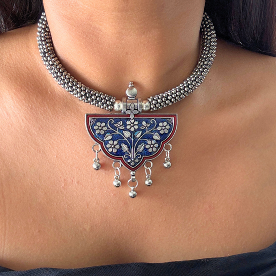 Meena Blue and Red Oxidised Choker Set