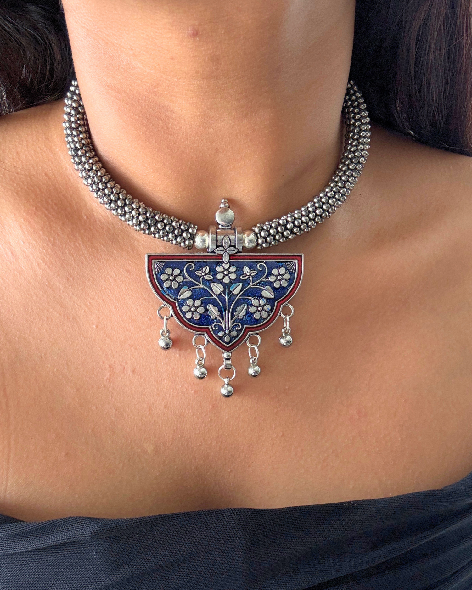 Meena Blue and Red Oxidised Choker Set