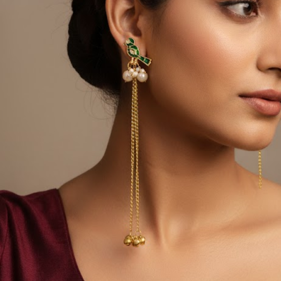 Pavitra Green Kundan Golden Long Kashmiri Jhumka
