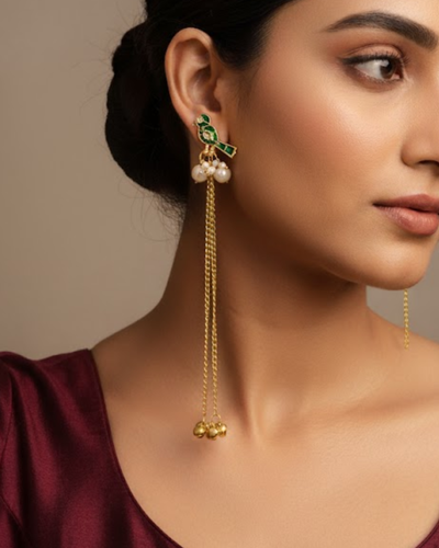 Pavitra Green Kundan Golden Long Kashmiri Jhumka