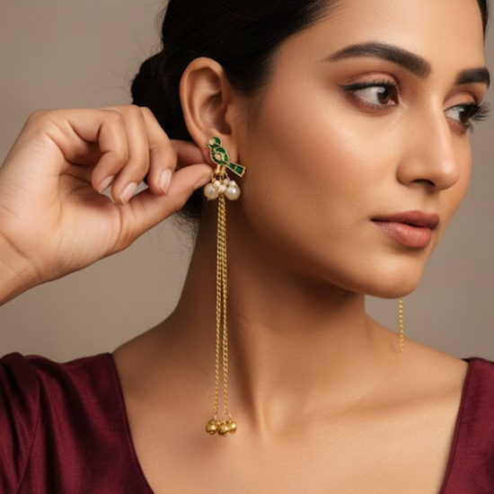 Pavitra Green Kundan Golden Long Kashmiri Jhumka