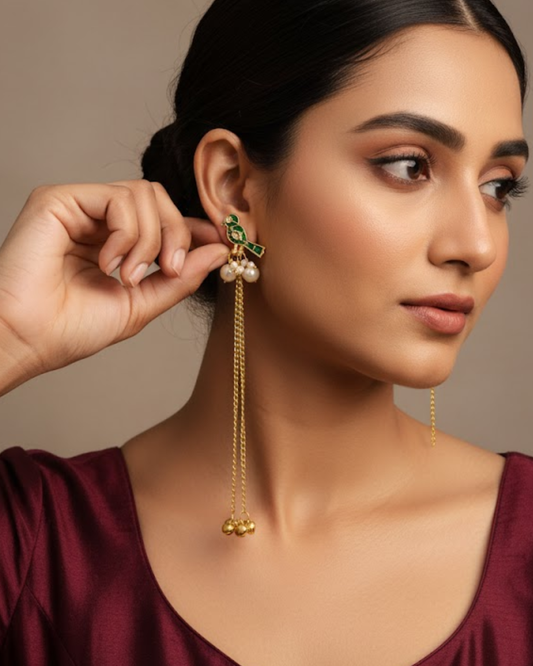 Pavitra Green Kundan Golden Long Kashmiri Jhumka