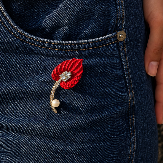 Red Crystal and Pearl Leaf Brooch