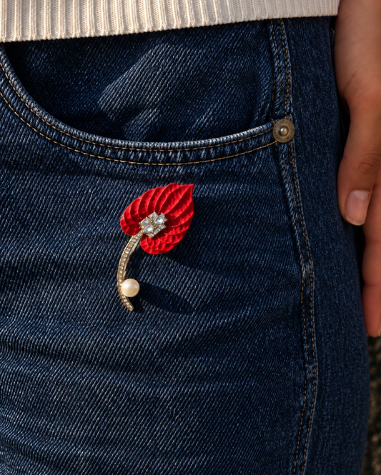 Red Crystal and Pearl Leaf Brooch