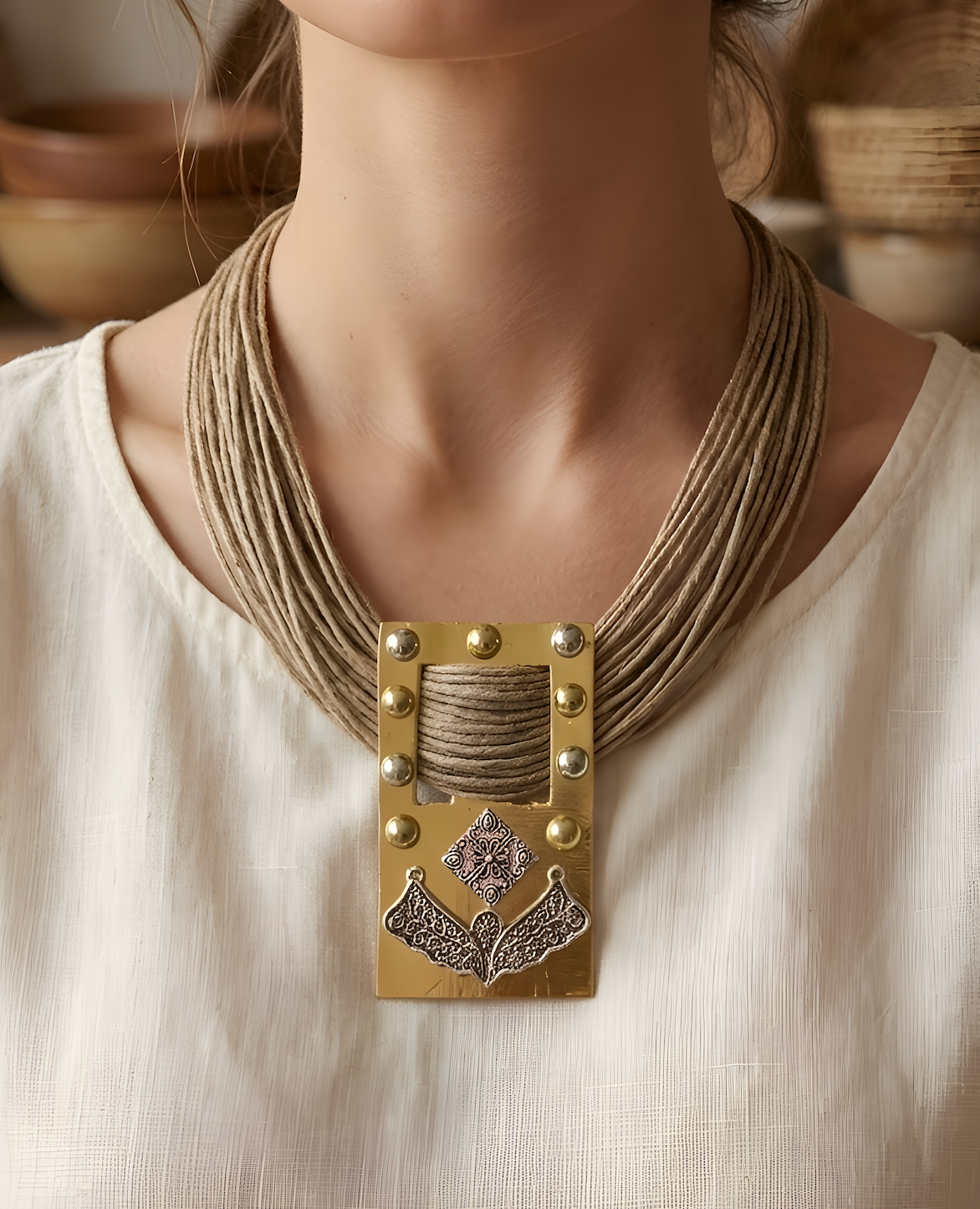 Pankh Beige Jute Necklace