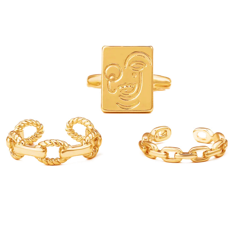Golden Face Ring - Set of 3
