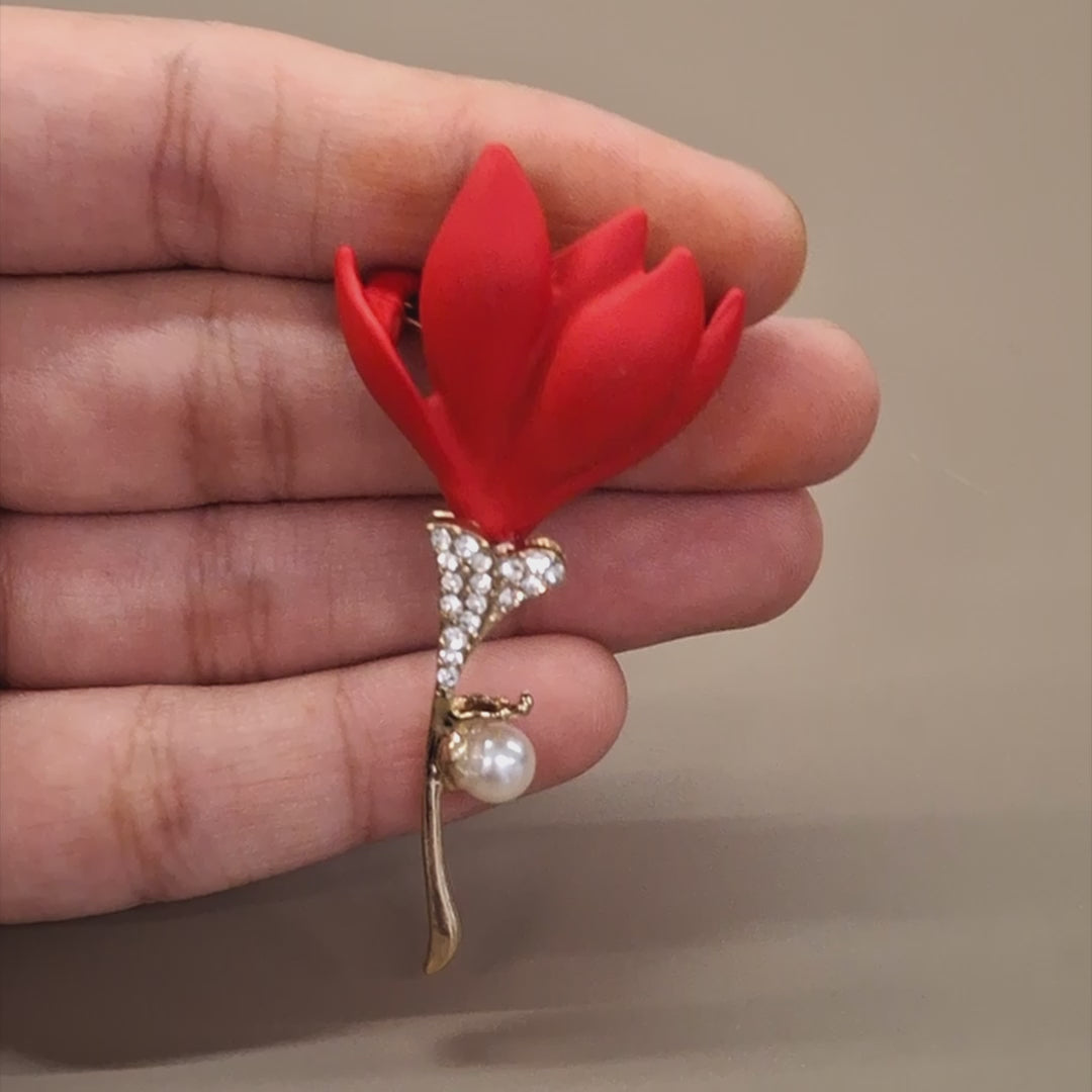 Red Diamond and Pearl Blooming Brooch
