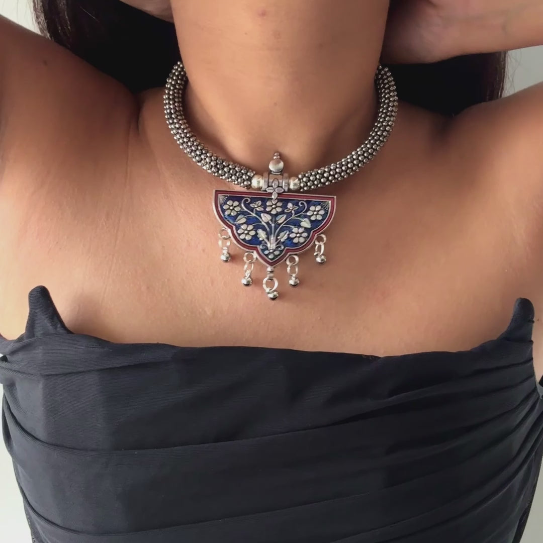 Meena Blue and Red Oxidised Choker Set