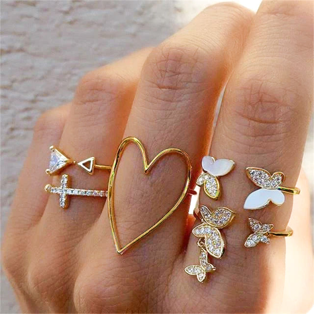 Gold and Rhinestone Adjustable Butterflies in My Hear Ring (Set of 5)