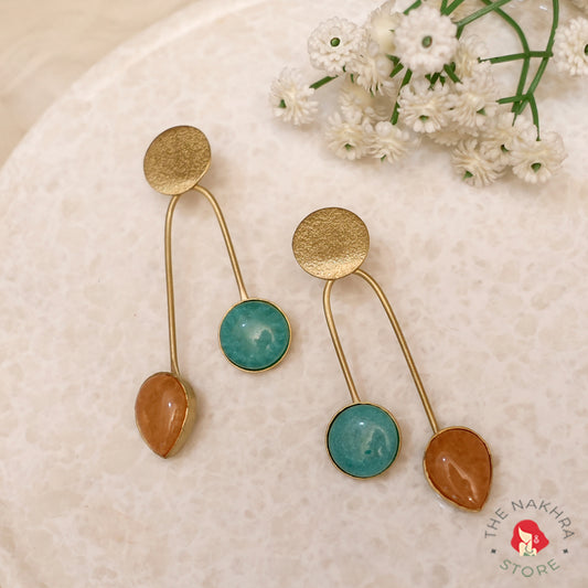 Golden Earrings with Blue and Mustard Stones: Raha Earrings